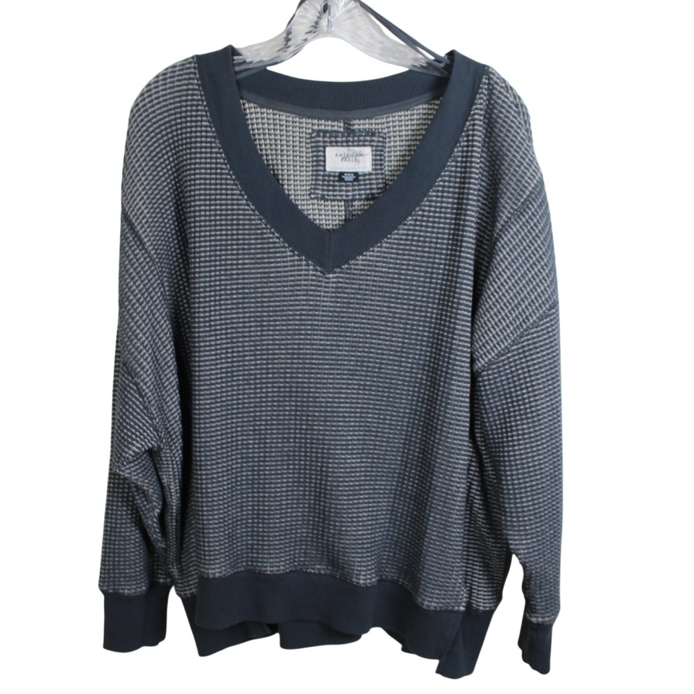 American Eagle Mens Medium Navy Blue Waffle Knit V-Neck Thermal Pullover Shirt